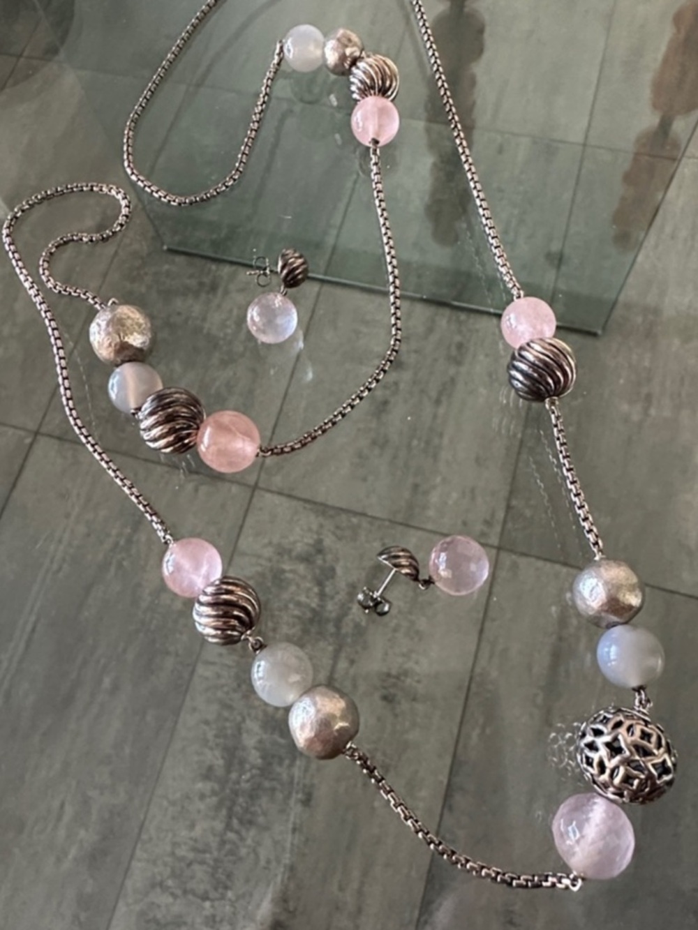 DAVID YURMAN PINK & GREY QUARTZ ON SILVER BOXCHAIN LONG NECKLACE
